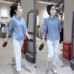 夏服、軽くて大人っぽいシンプルな女性用ラウンドネックシャツ、スリムで小足の9点カジュアルパンツの2点セット