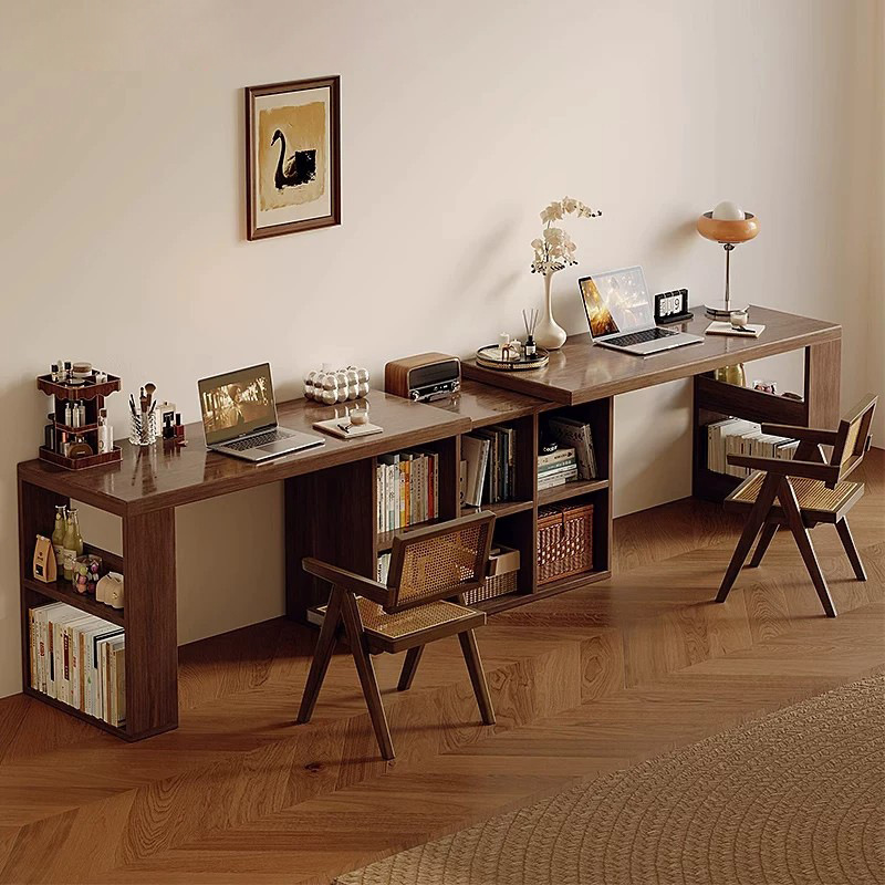 Solid Wood Double Desk for Adults, Home Study Desk, Bedroom Long Table with Integrated Storage Cabinet, Extendable Computer Desk