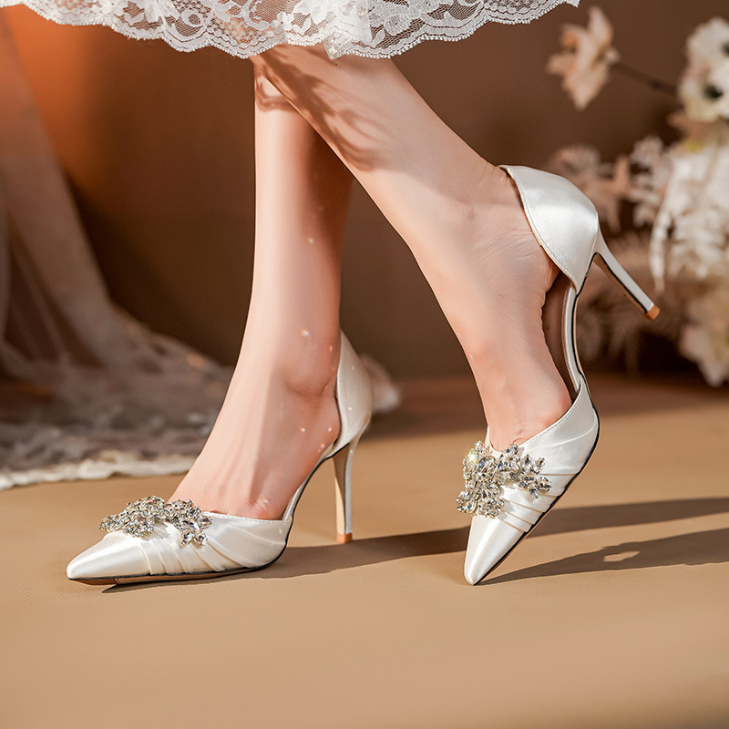 High-Heeled Shoes for Women, White Wedding Shoes, Hollow Rhinestone Strap, Stiletto Heel, Elegant Ladylike Satin Shoes