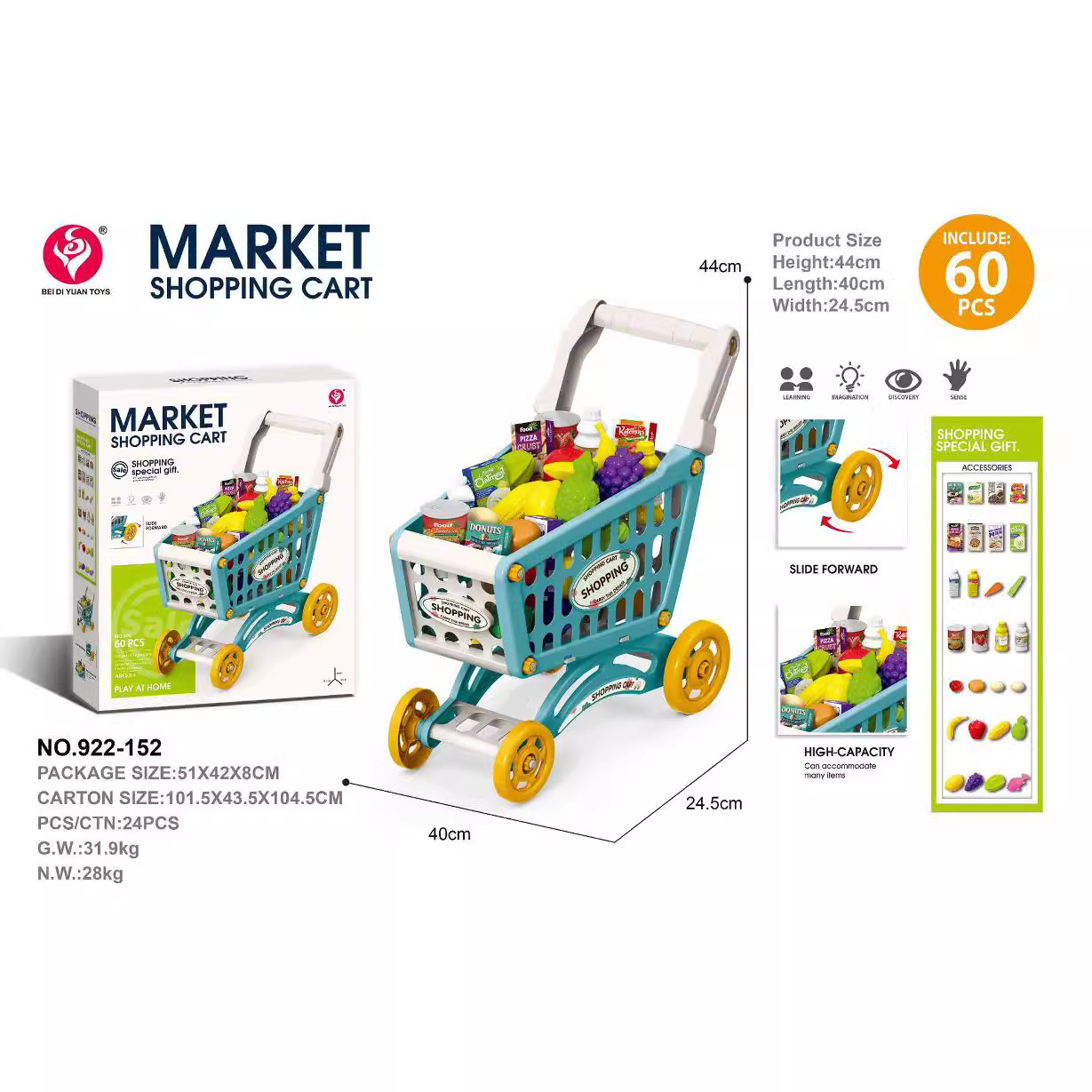 Simulación infantil transfronteriza iluminación de la casa, música, carrito de compras, juegos de supermercado de frutas, carrito de juguetes