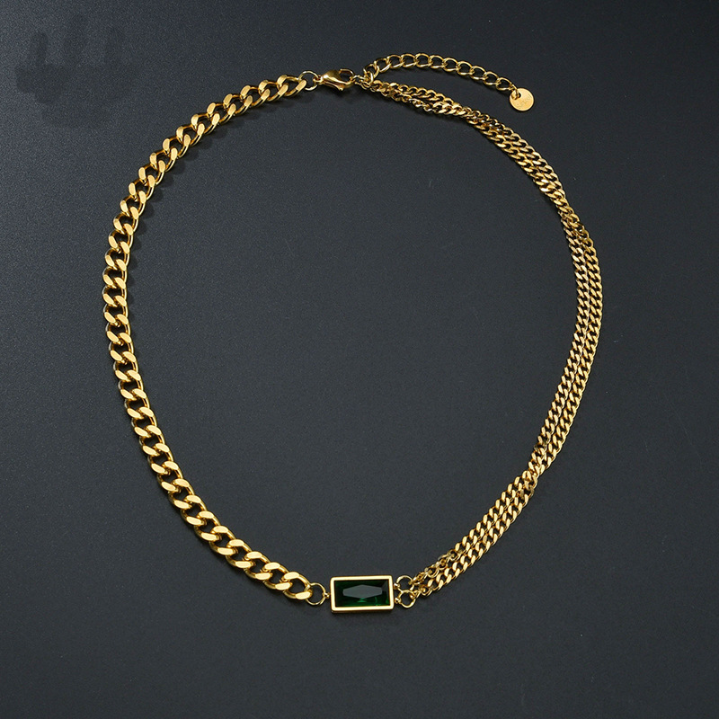 Fashion Titanium Steel Retro Necklace Inlaid Green Diamond Thick Chain Clavicle Chain display picture 1
