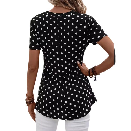 Women's 2025 European and American Printed Polka Dot V-Neck Zipper Irregular Hooded Top