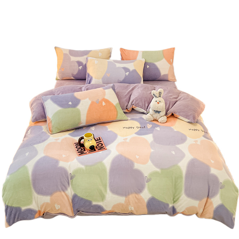 Juego de cuatro piezas de ropa de cama de terciopelo de leche simple, juego de tres piezas de funda de edredón de sábana de franela de coral gruesa de invierno más terciopelo