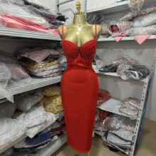 新款性感V领吊带绷带裙钉珠名媛派对连衣裙欧美跨境时尚宴会礼服