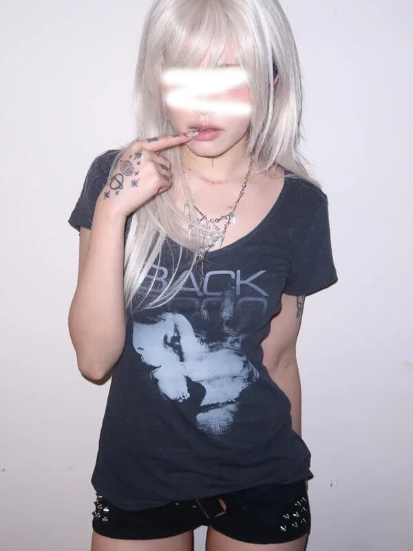 40-Count Imitation Cotton Subculture Retro Portrait Print Right Shoulder Short-Sleeved T-Shirt Women's Summer Slim Sexy Slimming Look Top