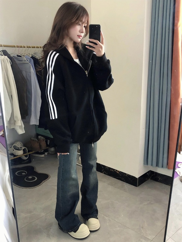 棉美式复古三条杠连帽开衫卫衣女秋冬慵懒风加绒外套|undefined