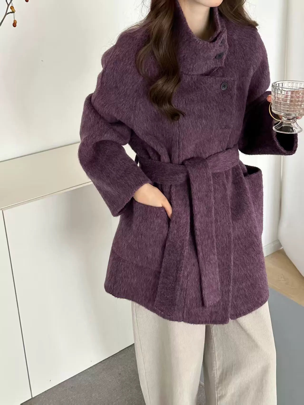 羊驼葡紫色立领2025秋冬新韩版宽松系带双面羊绒大衣女中长小个子