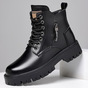2025 New Winter Men's Velvet Boots, One-Piece Velvet Warm Cotton Boots, Men's Mid-Cut Work Leather Boots