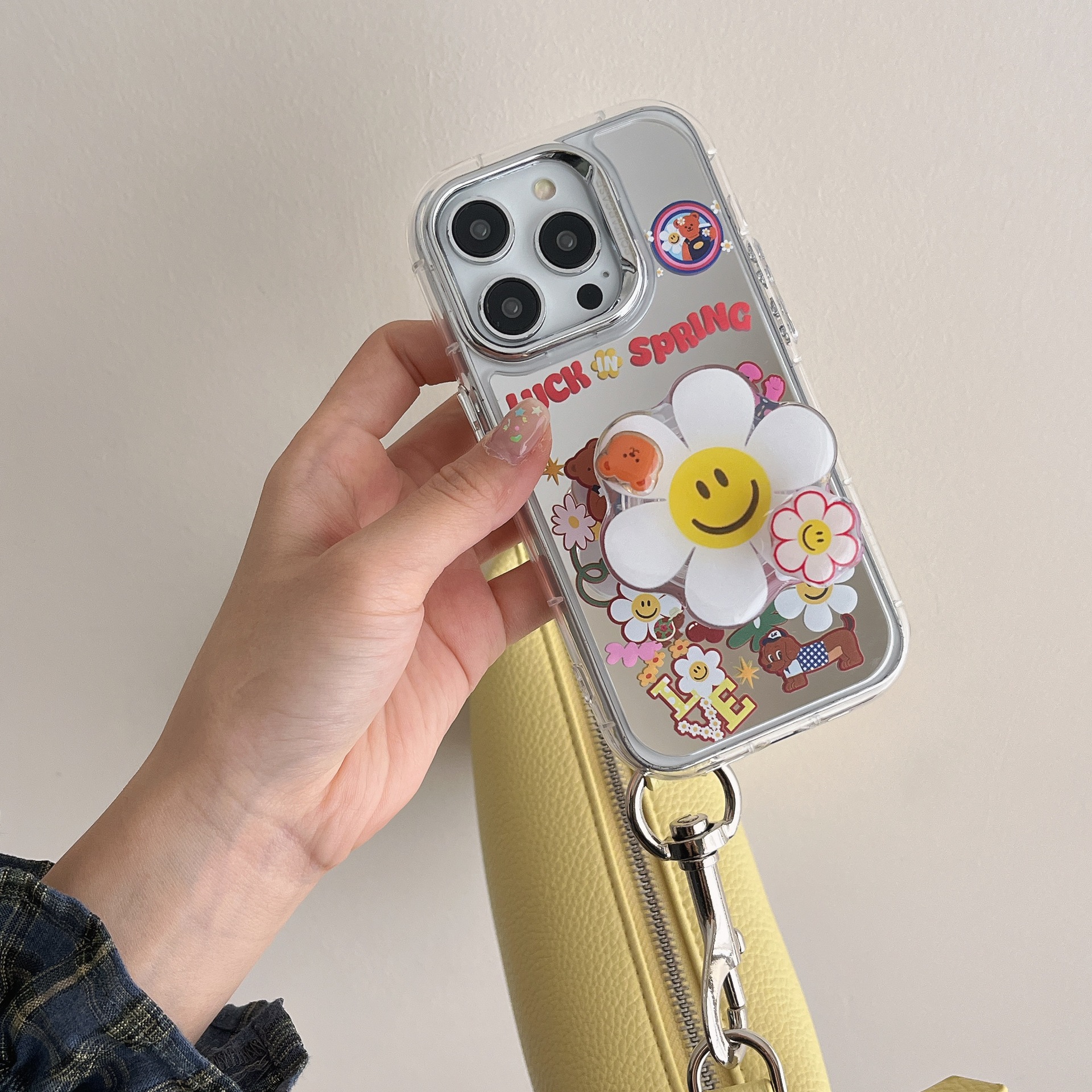 Espejo de dibujos animados lindo girasol para Apple 16ProMax funda para teléfono 15Pro soporte 14/13 femenino 14PM