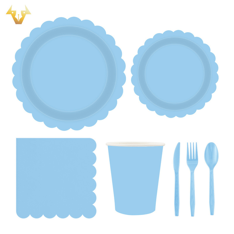 Blue Lace Theme Party Disposable Tableware suit Paper Tray Paper Cup Decoration Party Supplies Set of 168 Pieces