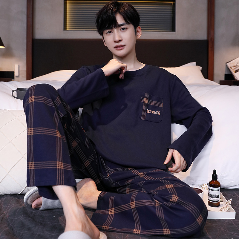 Men's Autumn Long-Sleeve Pajamas, Thickened Pure Cotton, Simple Oversized Plaid Long Pants, Home Wear, Stretch Cotton, Universal