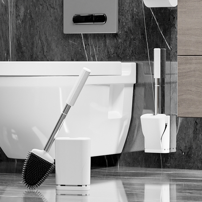 Fábrica personalizada de silicona montada en la pared no muerta ángulo de limpieza mango largo cepillo de pegamento flexible cabeza traje de limpieza de inodoro cepillo de inodoro