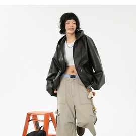 jaaniste2春秋款夹棉刺绣连帽防水短皮衣外套男宽松百搭男女同款