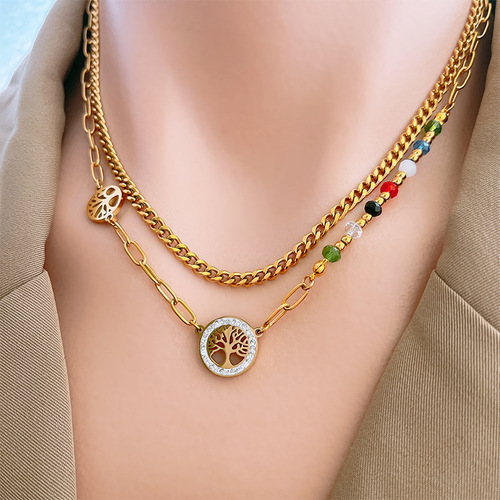 European and American cross-border bracelets colorful beads double-layer clavicle chain full of diamonds tree of life round pendant titanium steel bracelet necklace