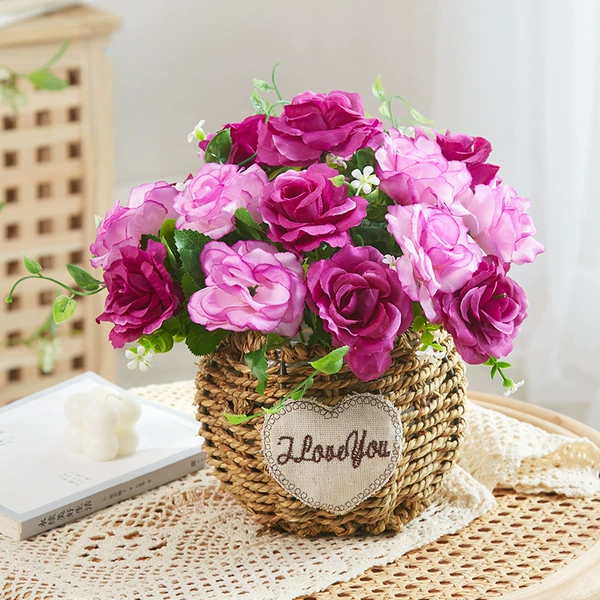 Silver 6 fork rose purple+straw basket