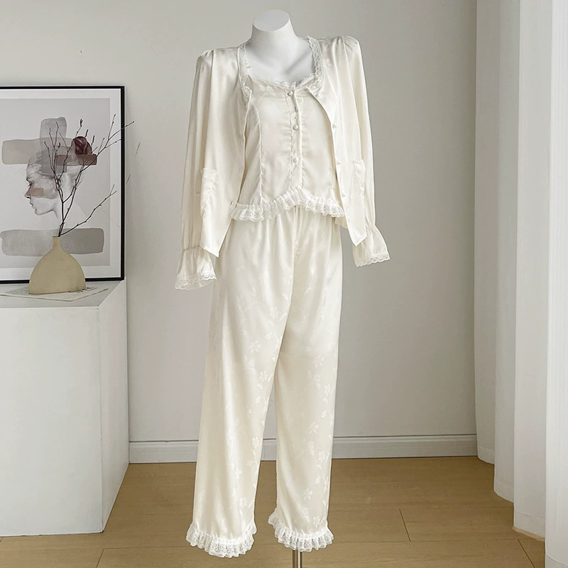 Французский романтический лунный свет атласная пижама из трех частей кардиган набор домашней одежды весна и лето новый премиум чувство худой женщины