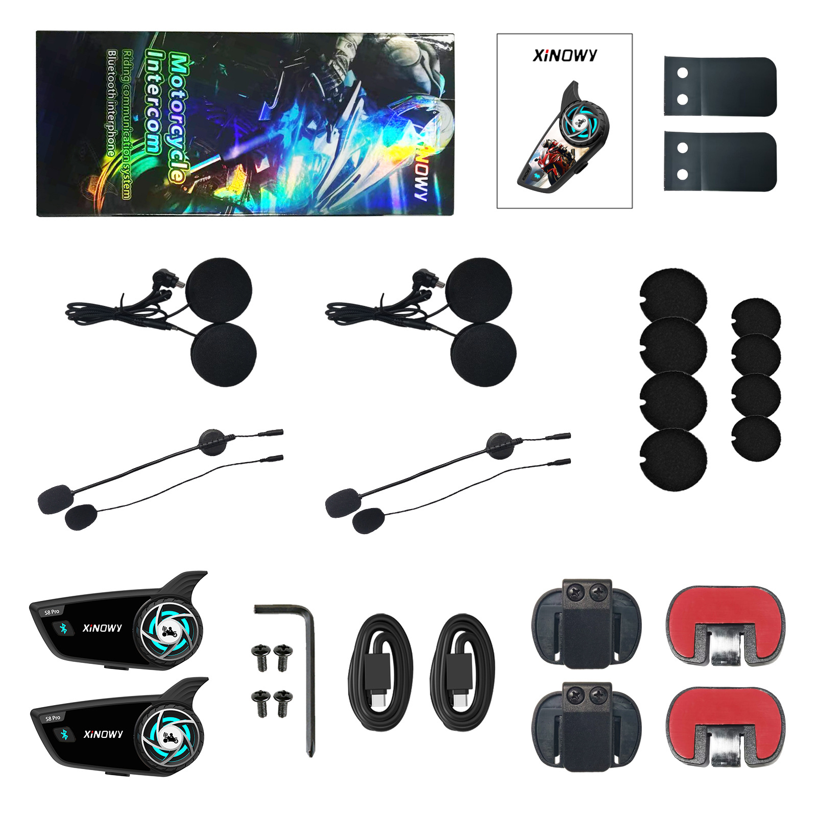 Xinowy Helmet Bluetooth Headset for 8 People with Simultaneous Intercom, Motorcycle Helmet Intercom Bluetooth Headset, Waterproof, Cross-Border