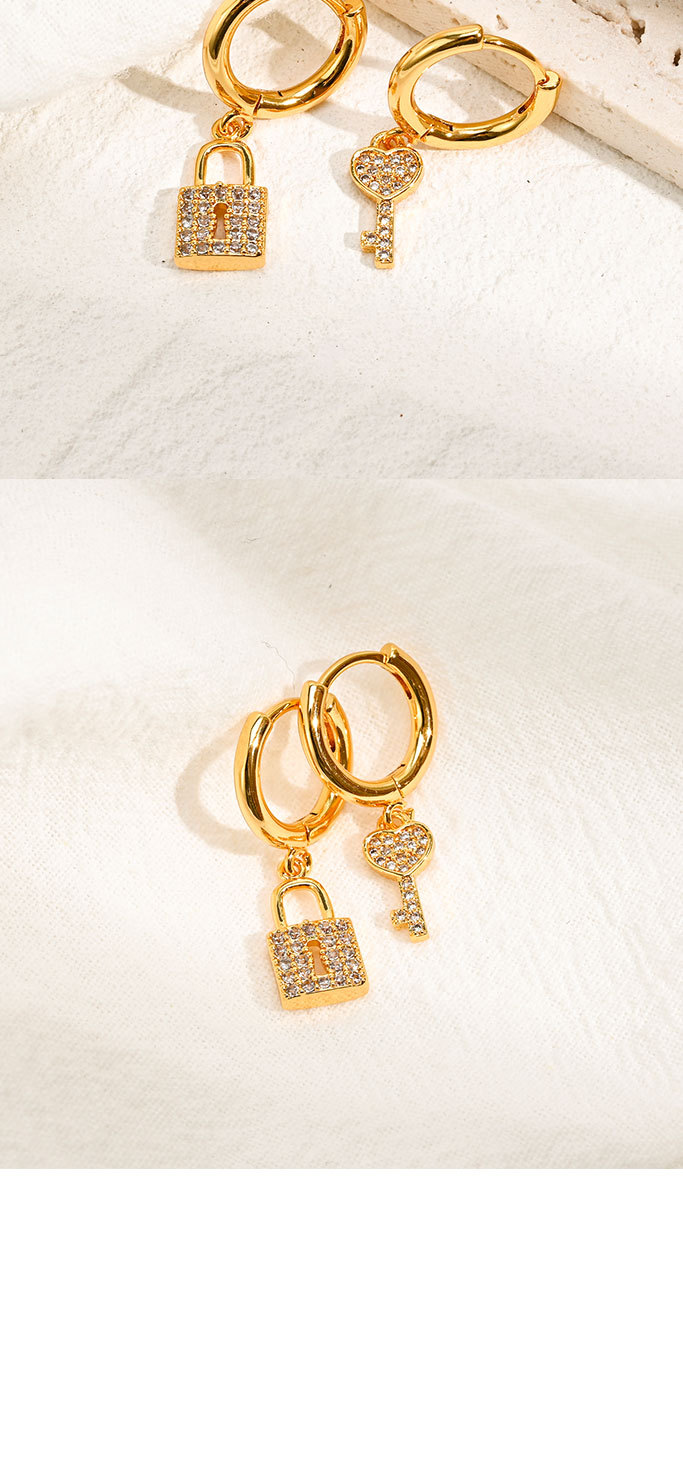 New Brass 14k Gold Plated Keys with Lock Ears Earrings