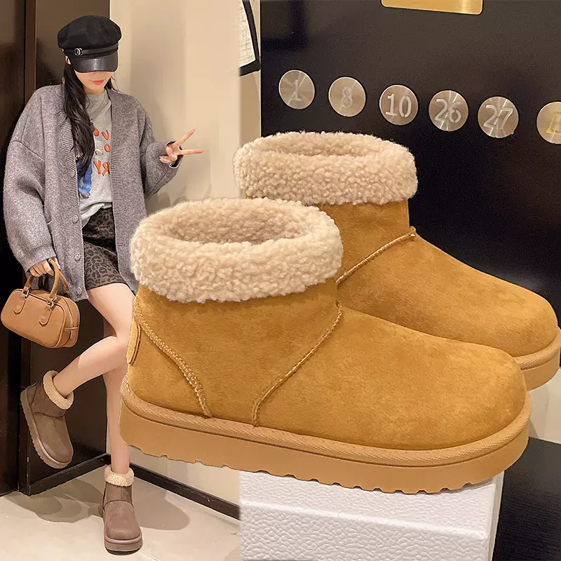 丑萌大头雪地靴女2025秋冬新款毛毛短靴平跟加绒加厚棉鞋外贸批发