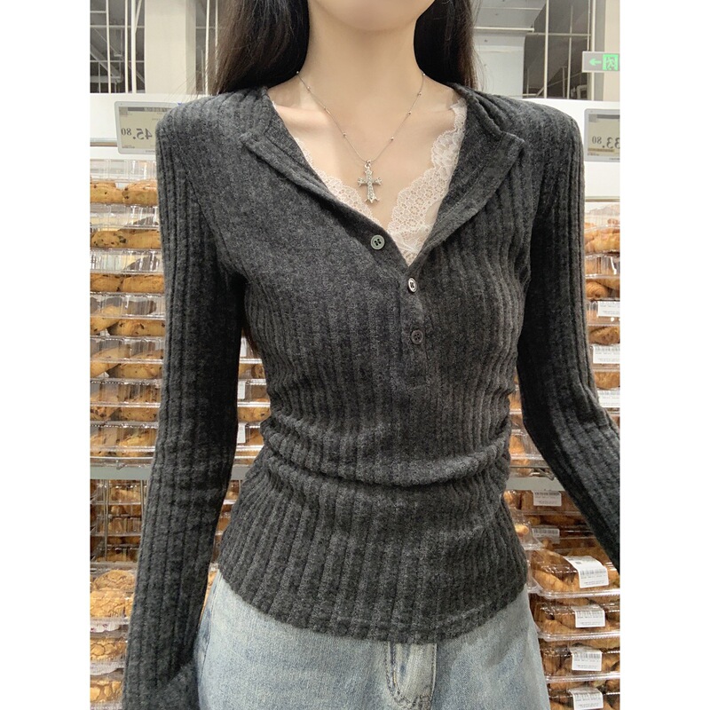 韩版纯欲蕾丝花边纽扣假两件磨毛打底衫T恤女秋季辣妹修身短上衣|undefined