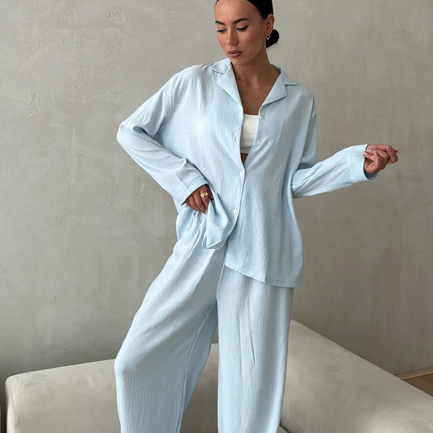 2025 pijamas de manga larga de color sólido de estilo fino transfronterizo europeo y americano, camisa holgada y cómoda de dos piezas, ropa de hogar para damas