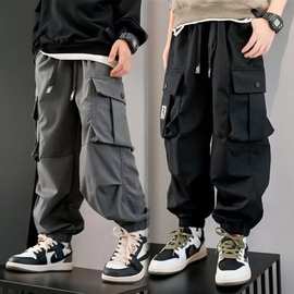 春秋薄款纯棉透气裤子男大童韩版潮流男孩束脚裤工装儿童长裤批发