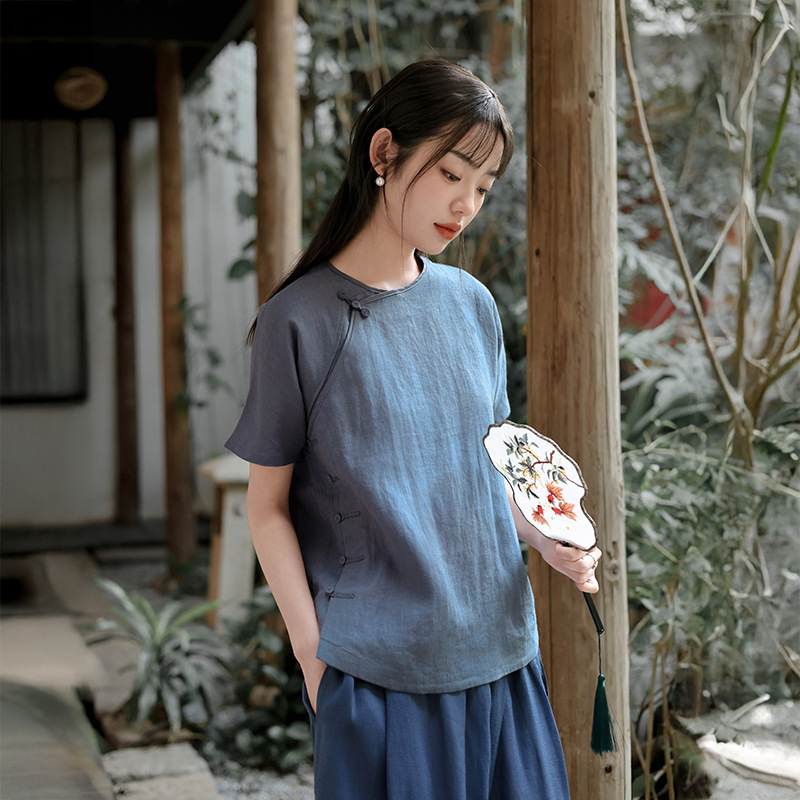 新中式女装夏季新款砂洗亚麻圆领短袖t恤女斜开襟中国风复古上衣