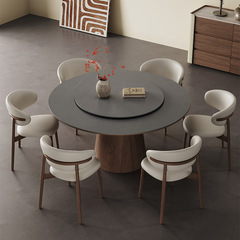 復古灰色岩板圓餐桌椅組合家用小戶型飯桌圓形內嵌帶轉盤實木圓桌