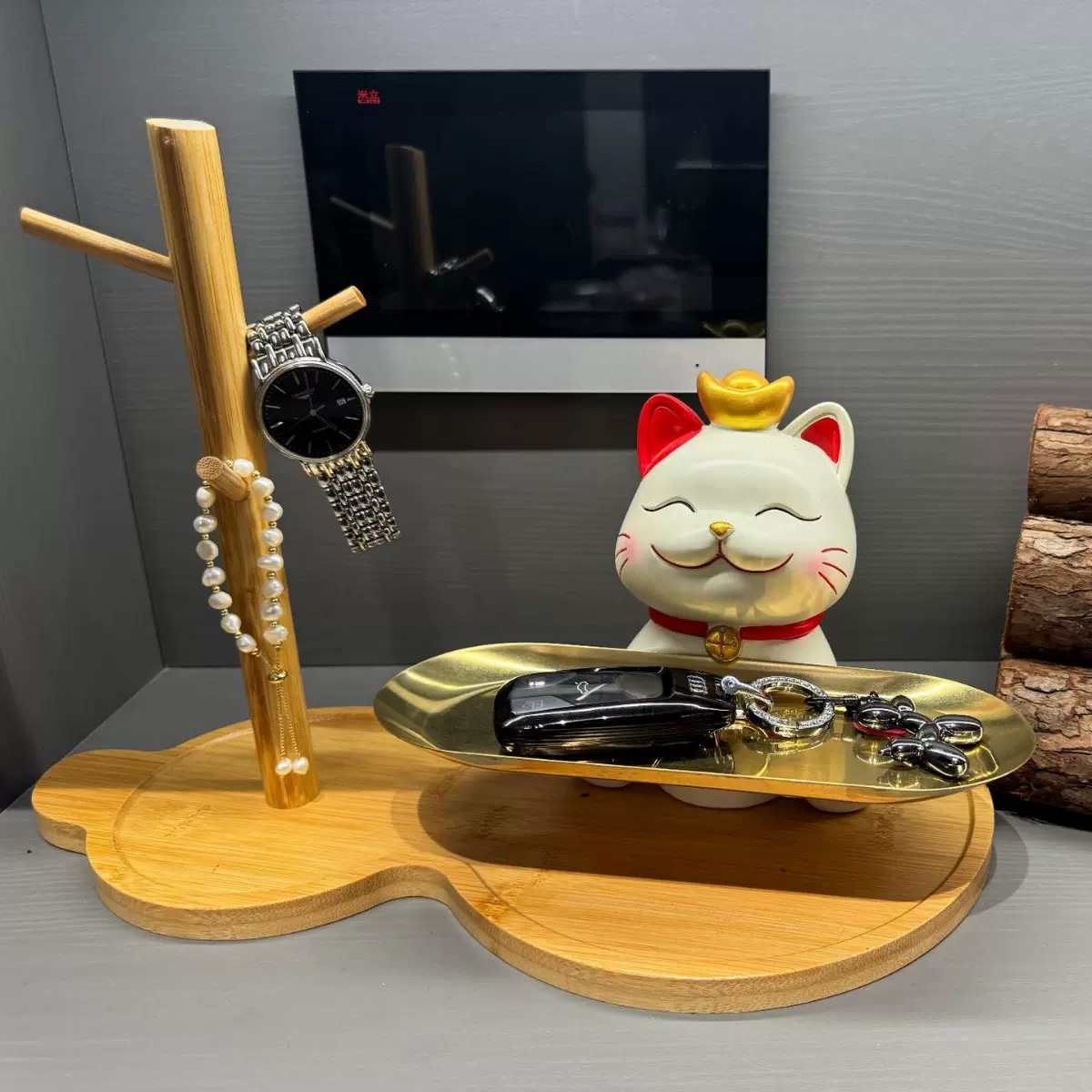 创意葫芦树杈竹木托盘工艺品首饰架新款玄关钥匙收纳置物架水滴球