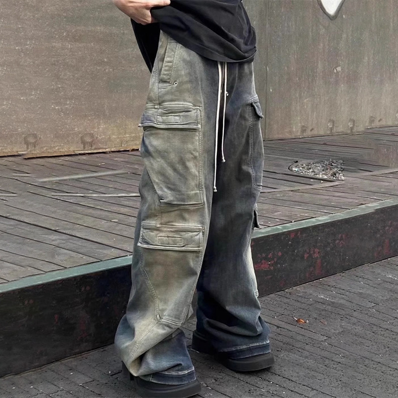 American-style Washed Old Multi-pocket Tooling Jeans Men's Spring and Summer New Loose Casual All-match Wide-leg Pants