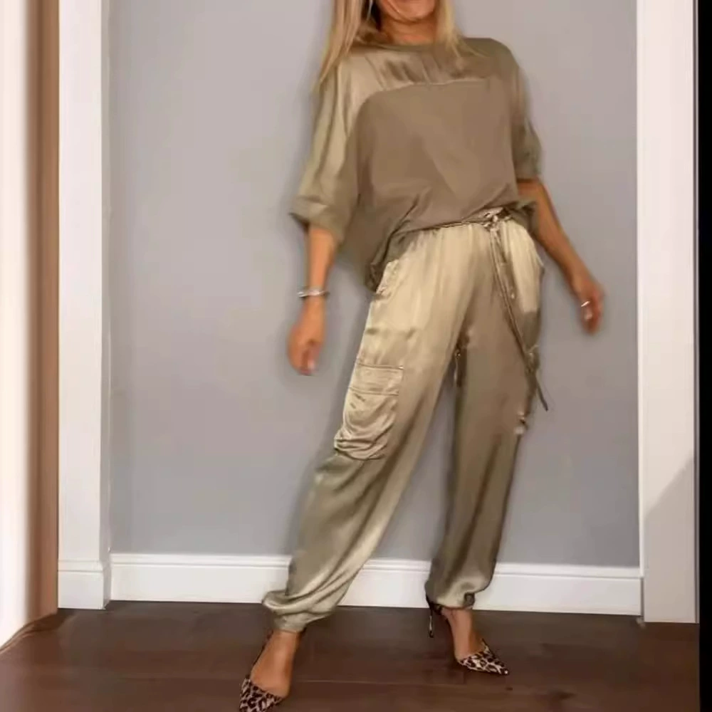 2024 Amazon Independent Station Европейская и Американская трансграничная мода для женщин Гладкий атласный топ с половиной рукава брюки набор из двух частей