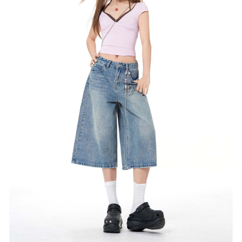 Cream Blue High-Waisted Textured Cropped Jeans for Women, 2026 Spring/Summer New Style, Straight Loose Fit, Slimming and Versatile Mid-Length Pants Cream Blue High-Waisted Textured Cropped Jeans for Women, 2026 Spring/Summer New Style, Straight Loose Fit, Slimming and Versatile Mid-Length Pants