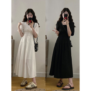 2025 New Summer Clothes for Fat mm Plus Size Women's Fashionable and High-End Square Collar Pure Color Waist Slimming Look Dress