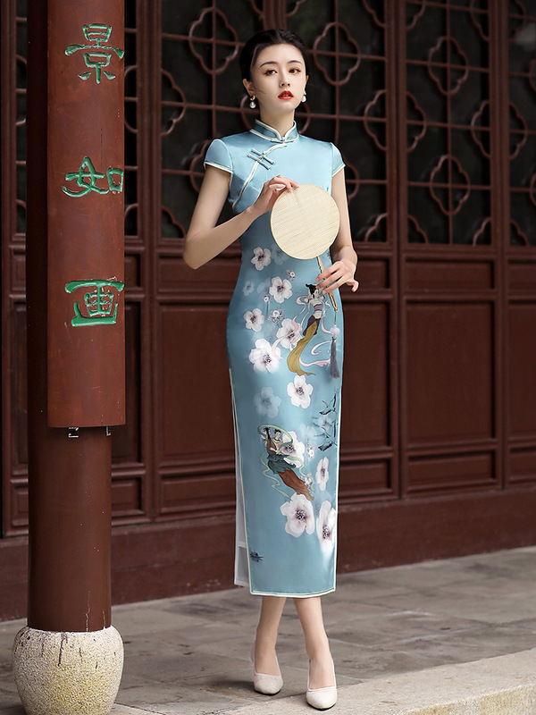 vintage chinese silk dress Silk Qipao, Chinese dress, Chinese traditional dress, Silk Cheongsam S / Green
