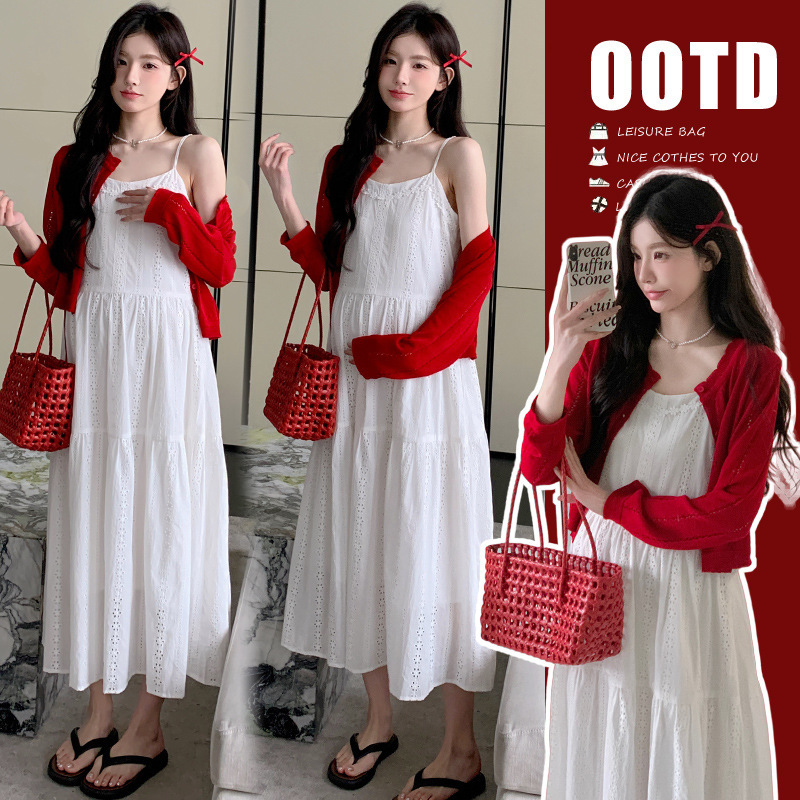 Maternity Set 2026 Spring and Summer Suspender Dress Red Knitted Cardigan Two-Piece Maternity Outfit Summer Set Maternity Set 2026 Spring and Summer Suspender Dress Red Knitted Cardigan Two-Piece Maternity Outfit Summer Set