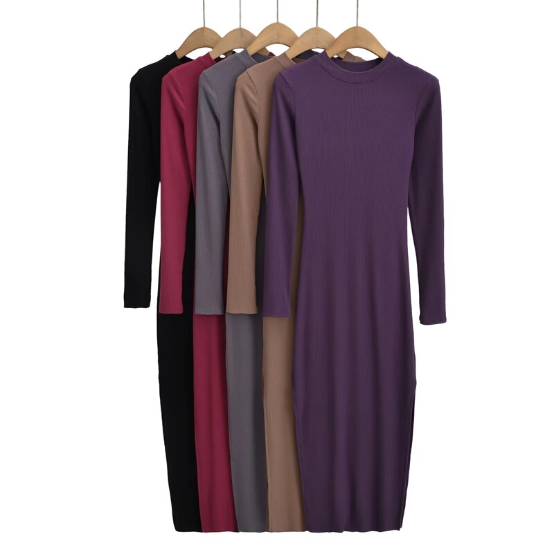 2023 hot girl round neck elastic slim-fit two-side split sheath dress women's long sleeve tight bottoming dress autumn 2023 hot girl round neck elastic slim-fit two-side split sheath dress women's long sleeve tight bottoming dress autumn