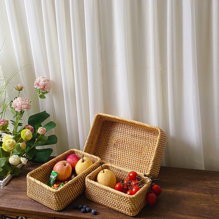 Vietnam otoño cesta de mimbre cesta de almacenamiento fruta pan azul tejido merienda rectangular hogar cesta de escritorio japonés