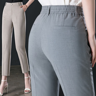 2025 spring and autumn new style elastic waist trousers for women with high waist and drape, casual professional wear, nine-point thin straight trousers