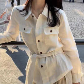 老钱风气质polo领长袖衬衫女春季新款宽松收腰系带衬衣中长款上衣
