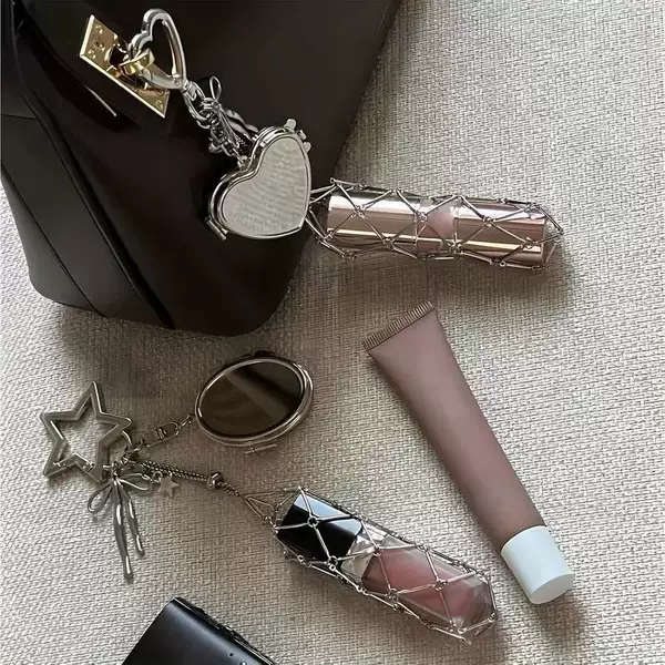 European and American Cross-Border Hot-Selling Ins-Style Women's Fashion Lipstick Storage Mirror Case Lipstick Pouch Mesh Bag Keychain Pendant