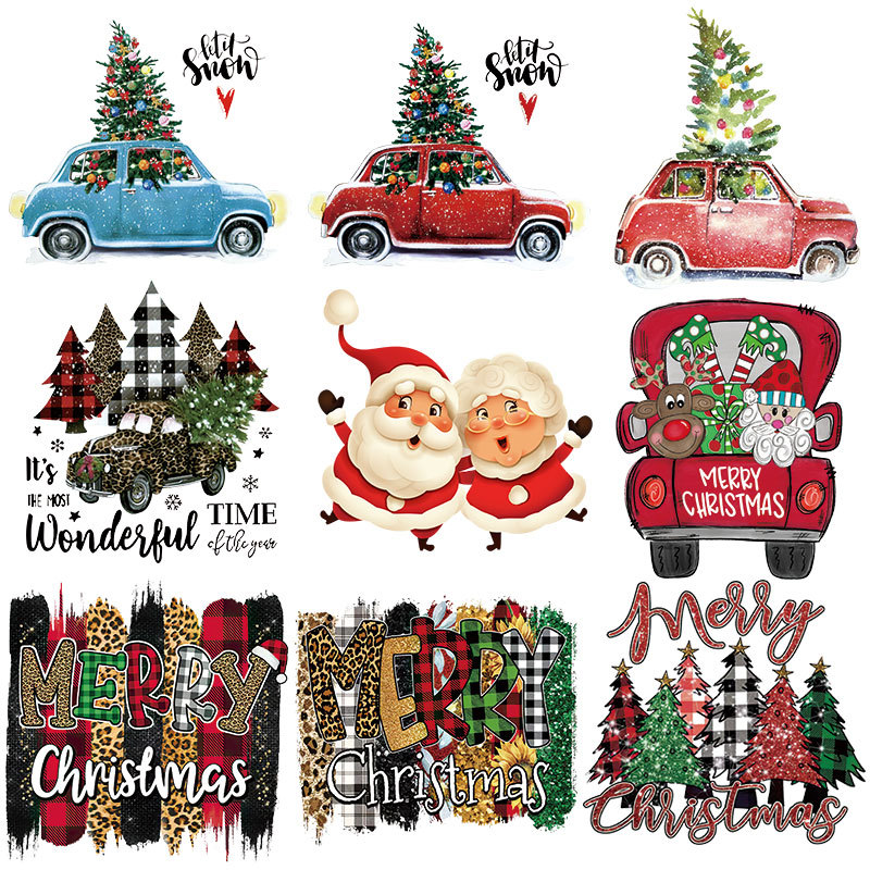 圣诞车子老人热转印烫画 服装印花图案热转印logo 耐水洗柯式烫画