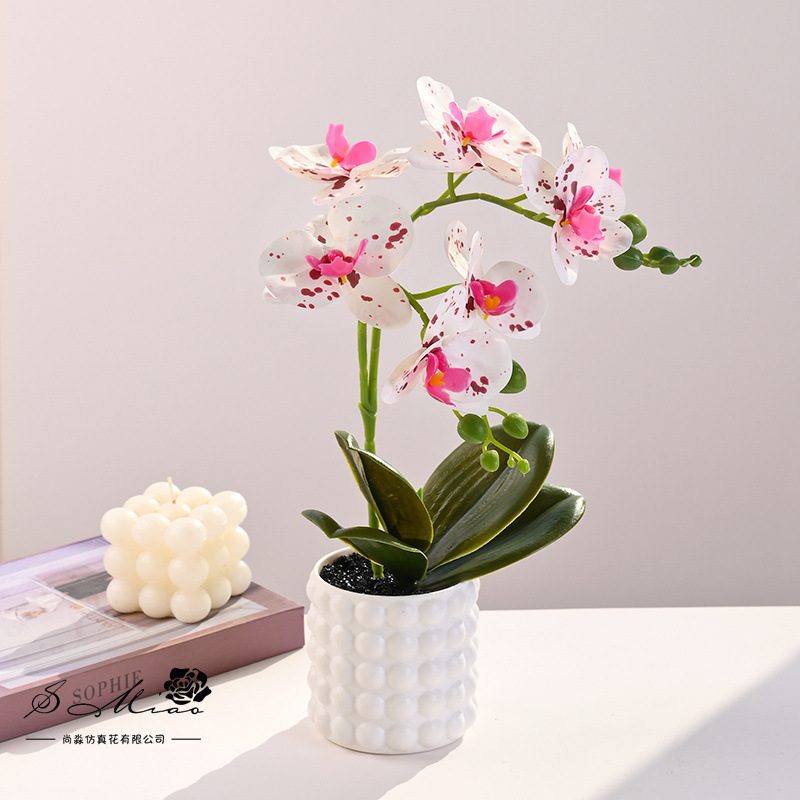 Flores artificiales con hojas, bonsái de orquídea mariposa de tacto real, pequeños adornos de decoración de interiores, suministro directo del fabricante, plantas verdes artificiales, plantas en maceta simuladas image 4