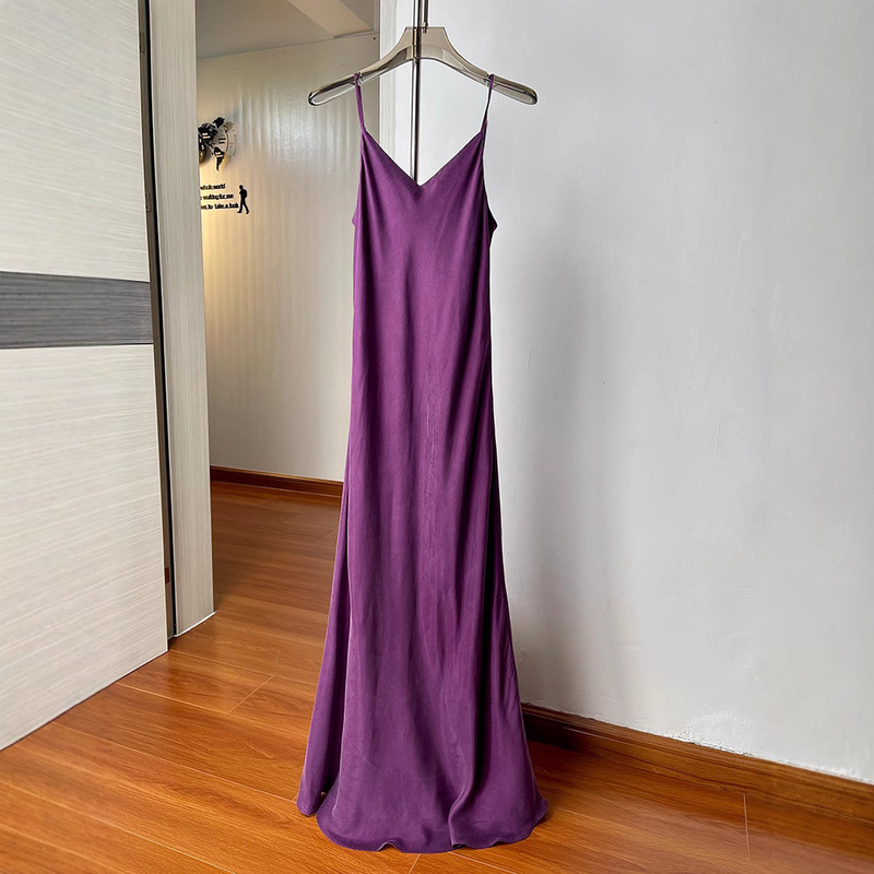 Tall Spring and Summer Elegant Elegant V-Neck Copper Ammonia Silk Inner Slim-Fit Tight Waist Sling Skirt dress Long Skirt