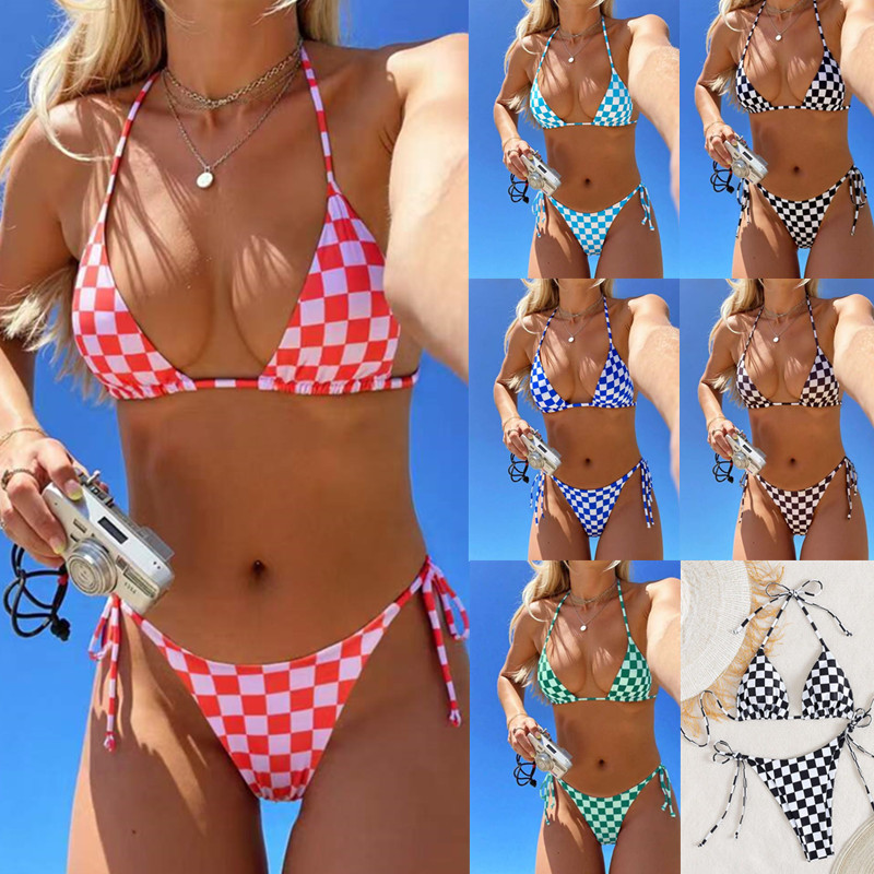 2026 Lace-Up Multi-Color Plaid Two-Piece Swimsuit for Women, European and American Cross-Border Bikini Swimwear, Fashionable and Sexy