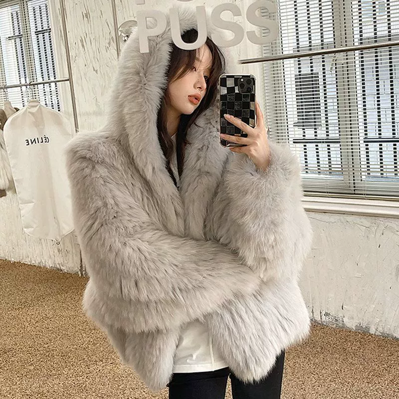 Winter woven hat with hood, jacket, loose fit