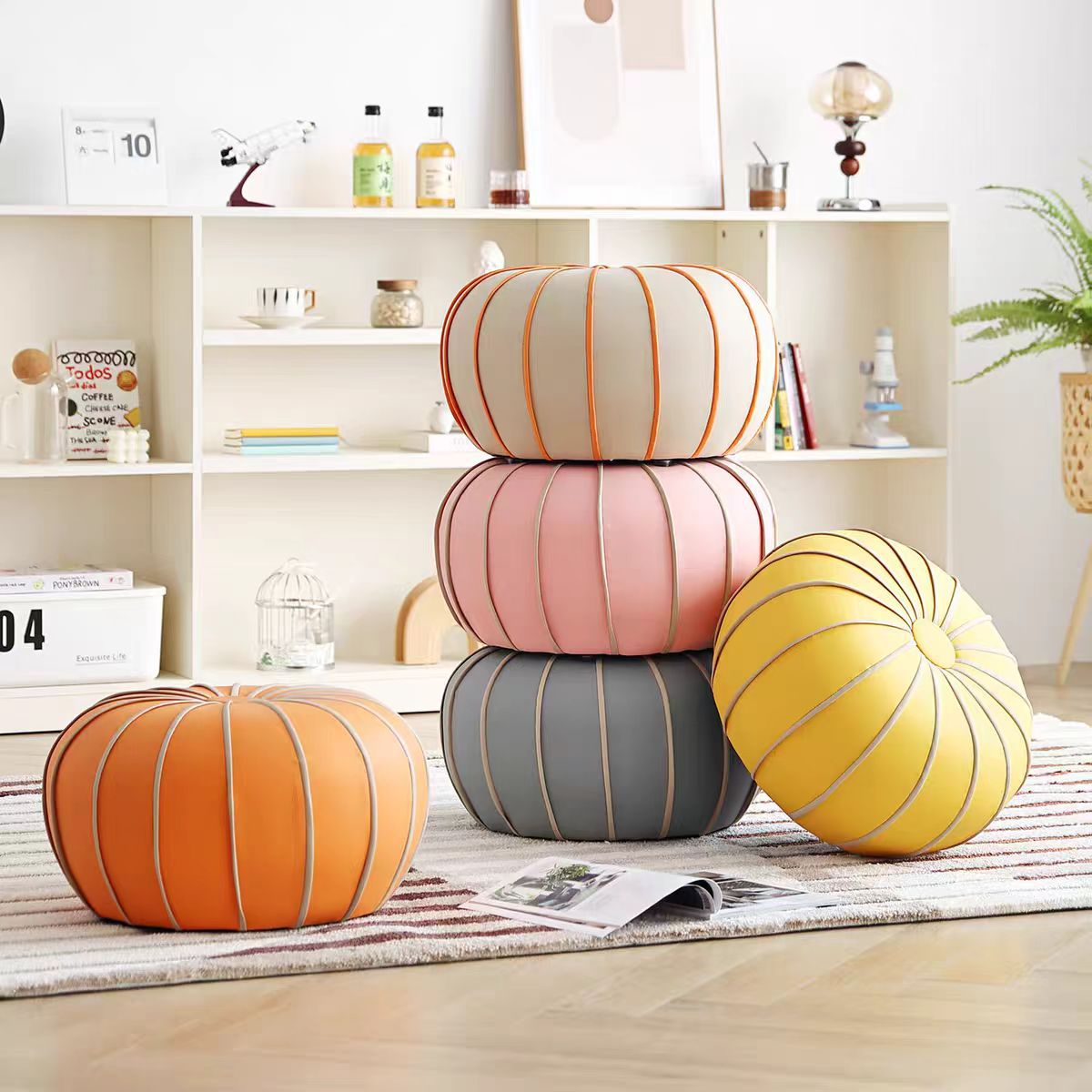 Low Stool for Home Use, Light Luxury Small Stool, Living Room Sofa Stool, Round Stool, Creative Cute Pumpkin Stool, Shoe-Changing Stool by the Door