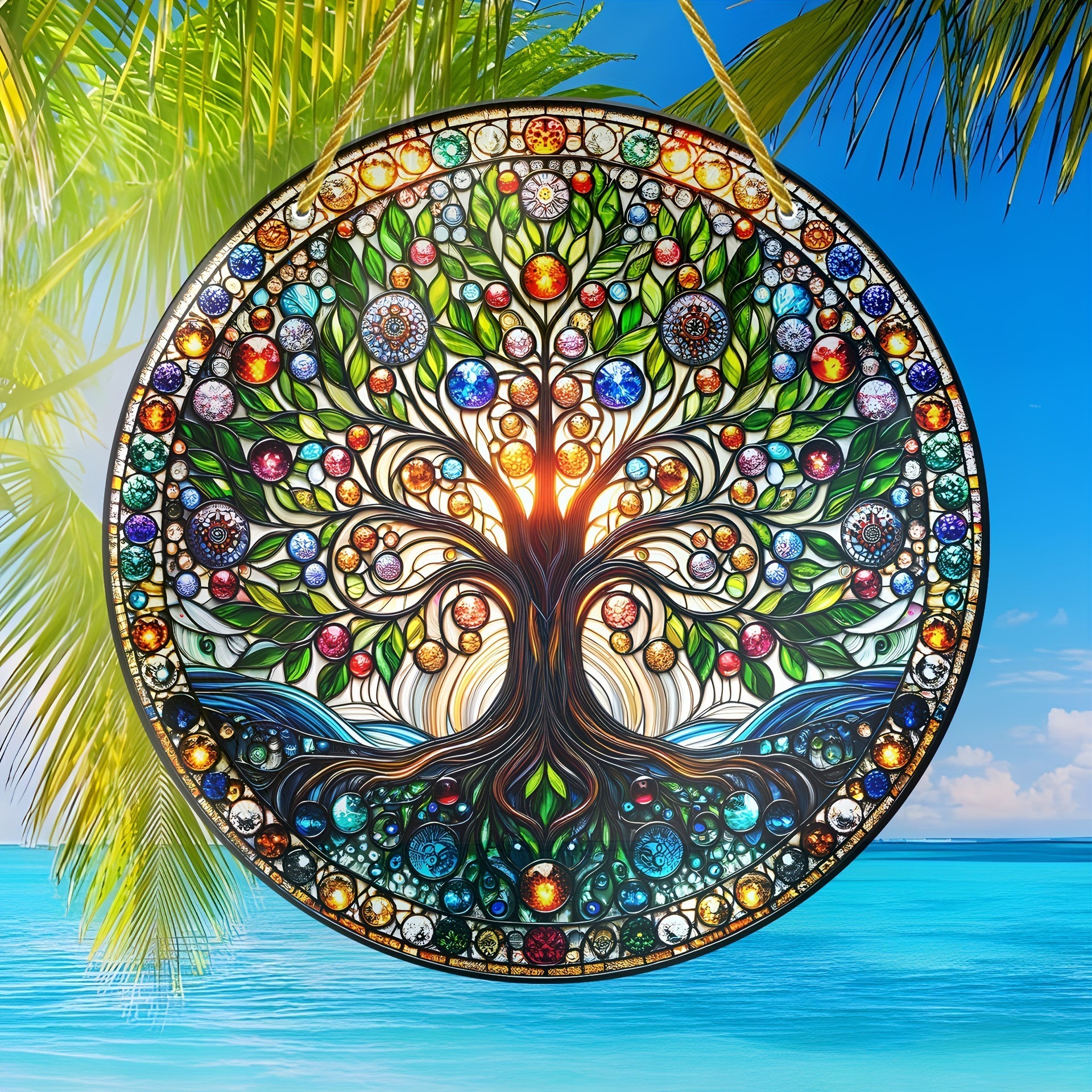 Árbol de la vida transfronterizo decorativo de color acrílico efecto de vidrio pared arte disco regalo colgante