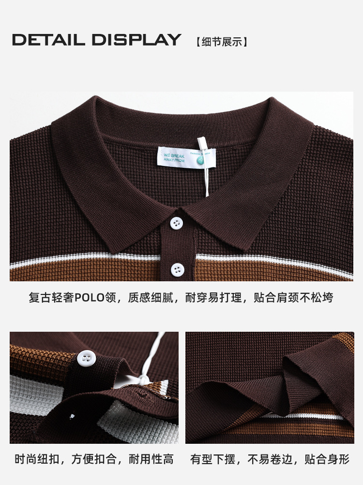 Hombres Waffle Stripe Polo Casual de negocios de alto nivel con collar de manga corta camisa de punto Paul