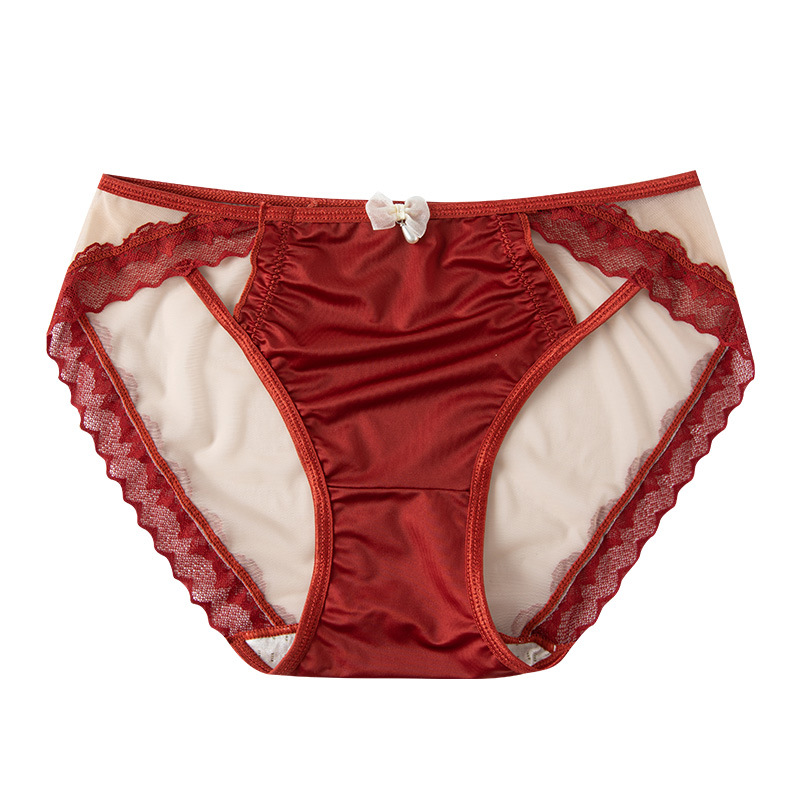 Encaje francés puro deseo suave lazo año natal agradable para la piel transpirable entrepierna interior elástico alto sexy cintura media ropa interior para mujer