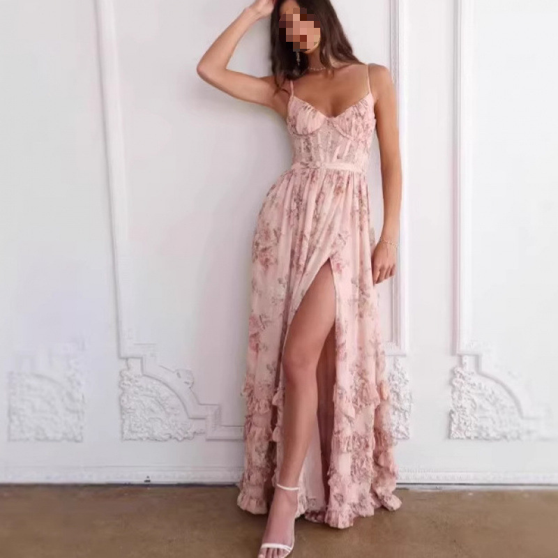 2026 New Cross-Border Style Seaside Vacation Deep Halter Print Dress with a Very Stylish and Beautiful Design, Waist-Cinching Long Dress